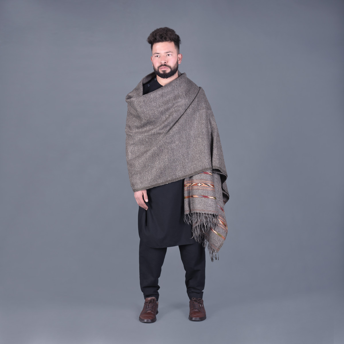 Dark Gray Nuristani Wool Patu | Casual Wear Shawl with Striped Borders