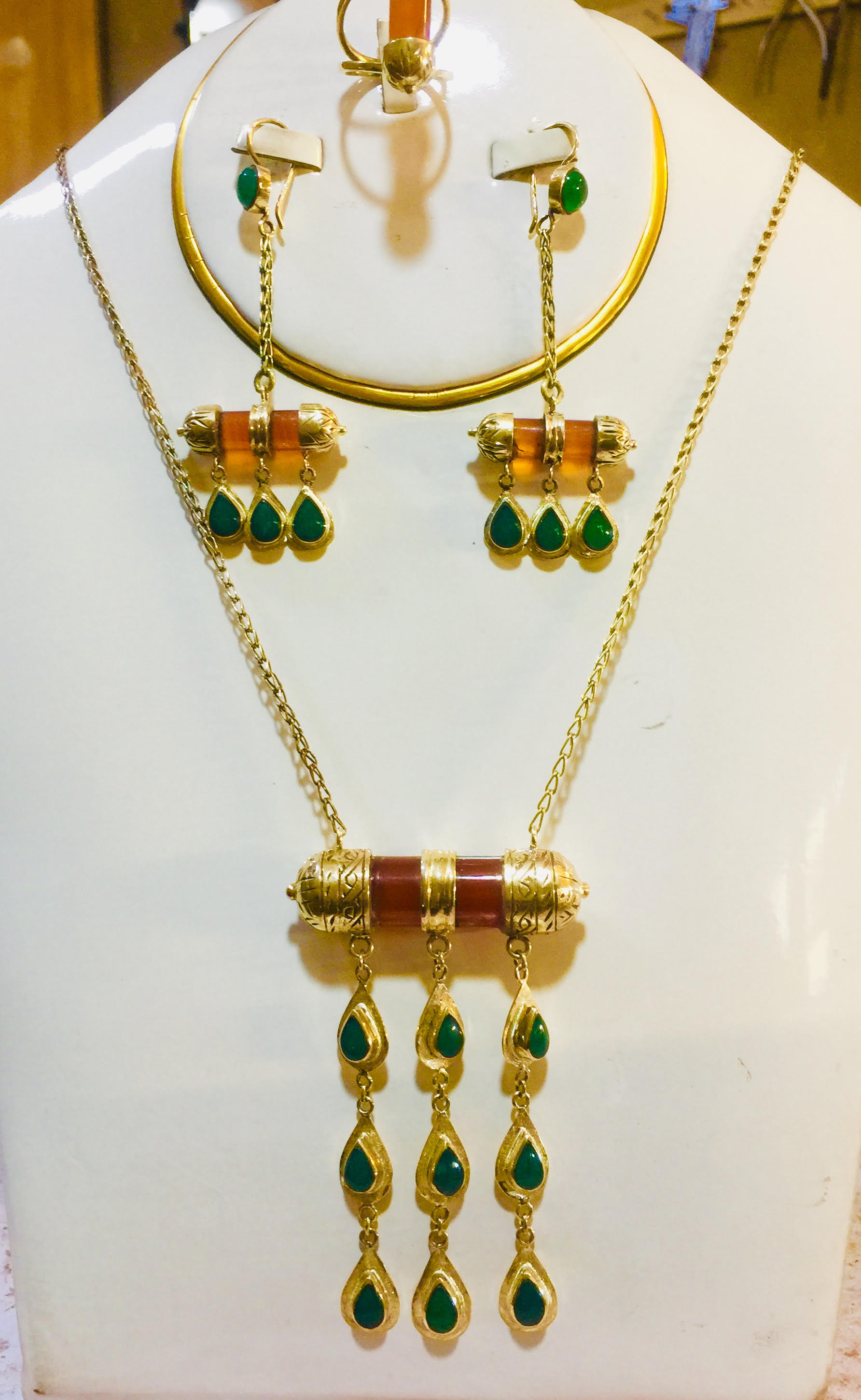 Agate Stone Negligee Jewelry Set | Brass Drop Necklace, Earrings & Ring