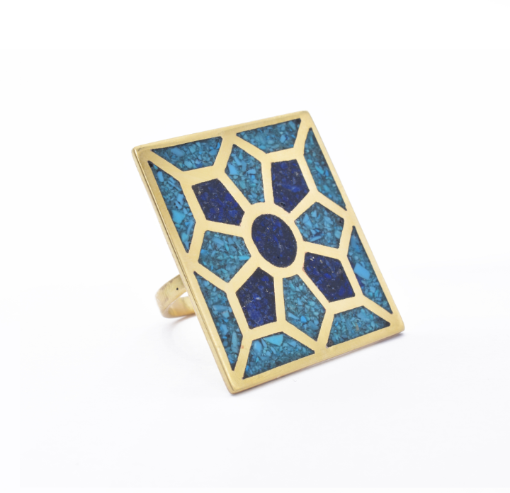 Blue Lapis Lazuli & Turquoise Floral Engraved Ring | Gold Plated Ring