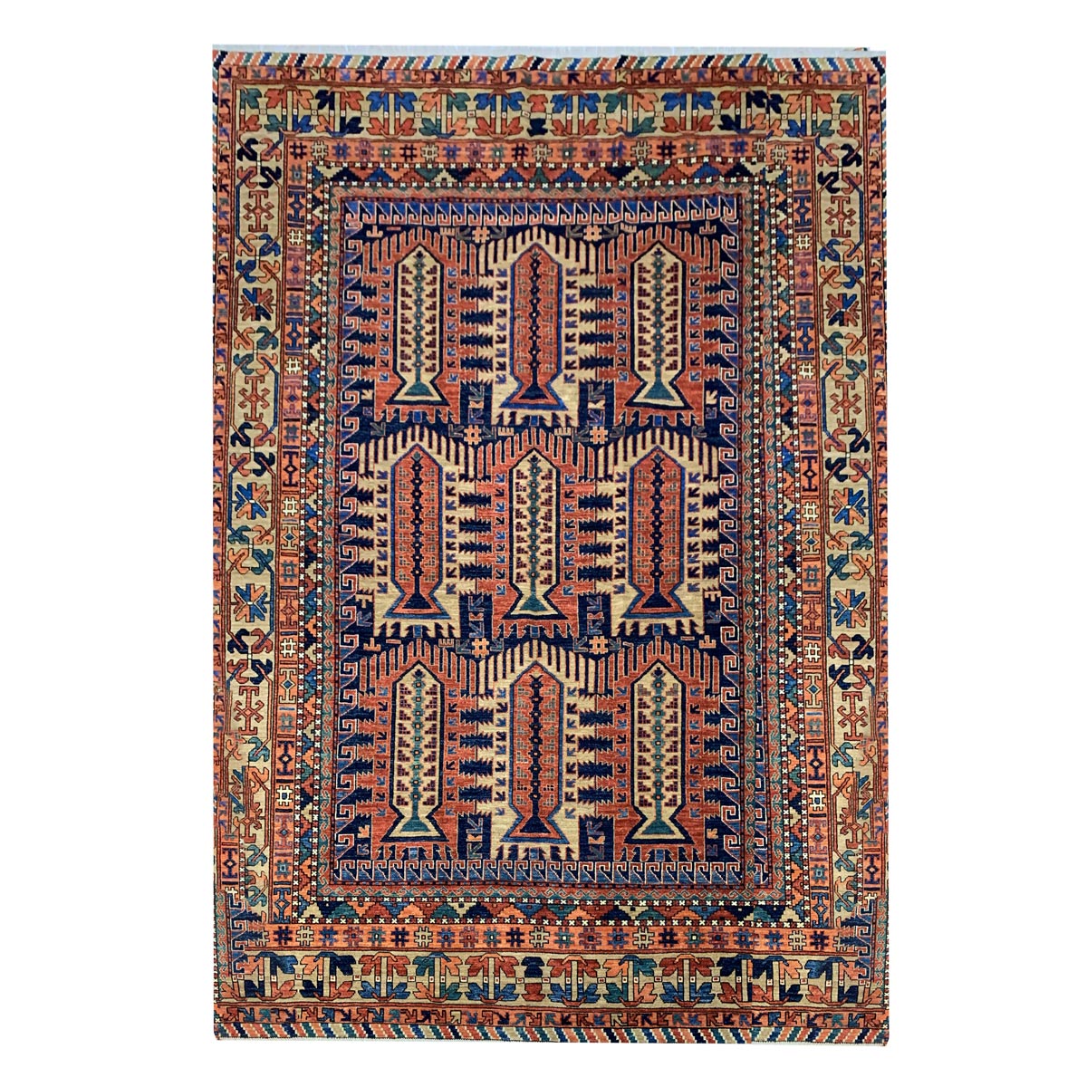Light Orange Qalamdani Hand-woven Afghani Carpet | Turkmen Weave Area Carpet 9.50 X 7 (ft)