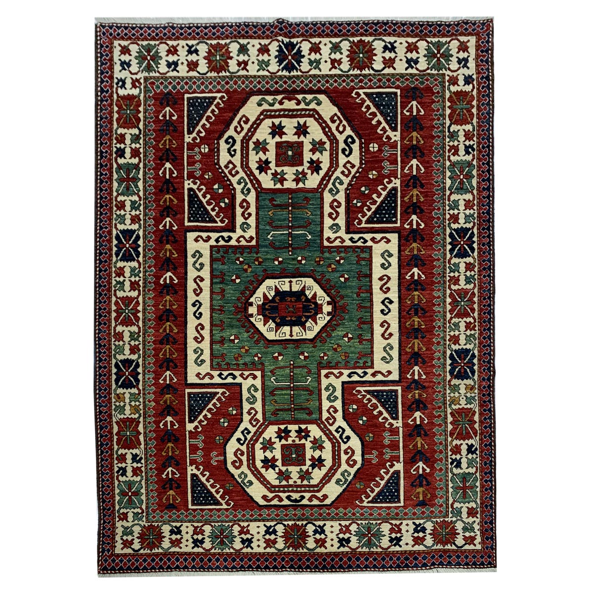 Traditional Afghan Tribal Carpet Reddish Green Hand-woven Afghani Carpet | Turkmen Weave Area Carpet 6.7 X 5 (ft)