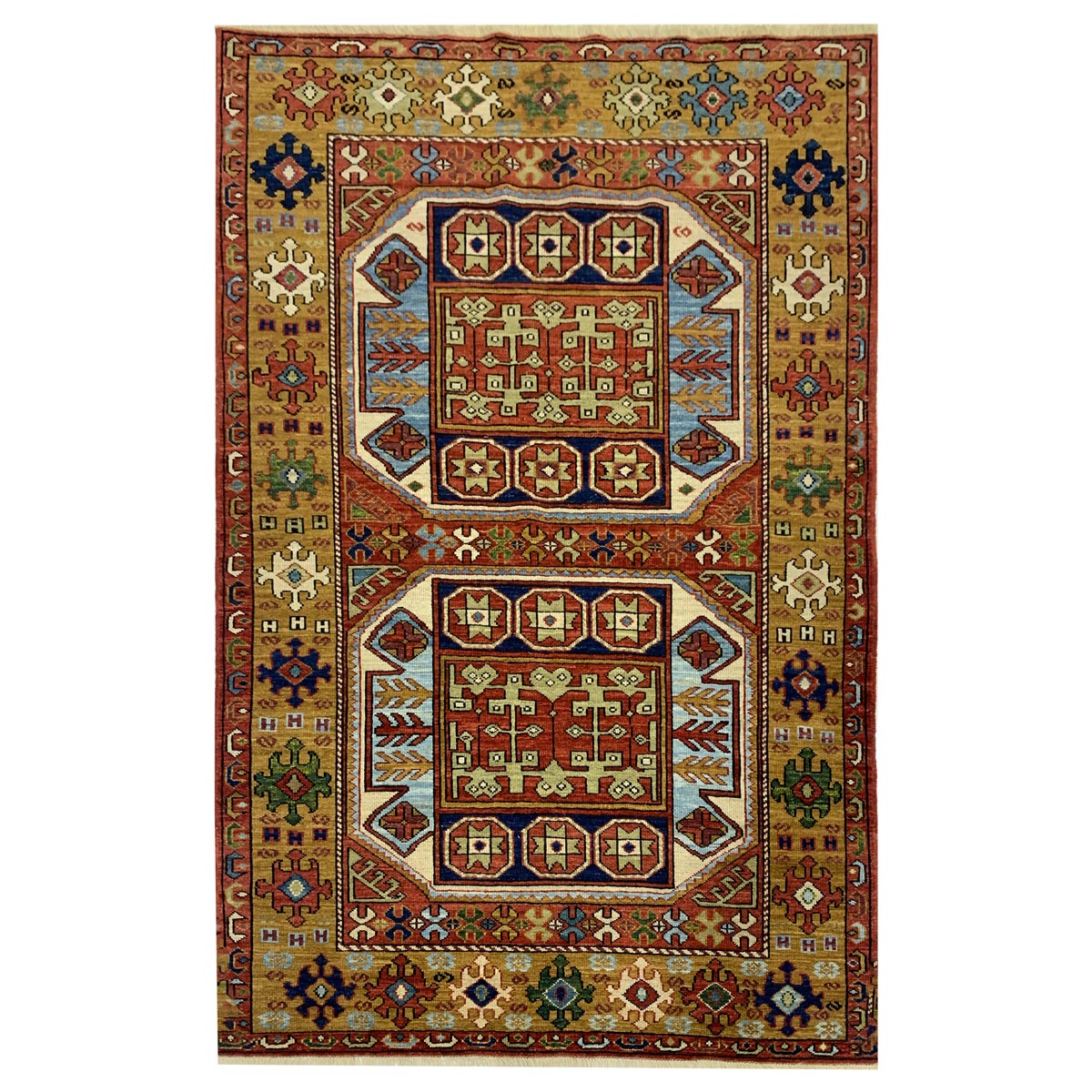 Yellowish Brown Kazak Hand-woven Afghan Carpet | Turkmen Weave Area Carpet 7.50 x 5 (ft)