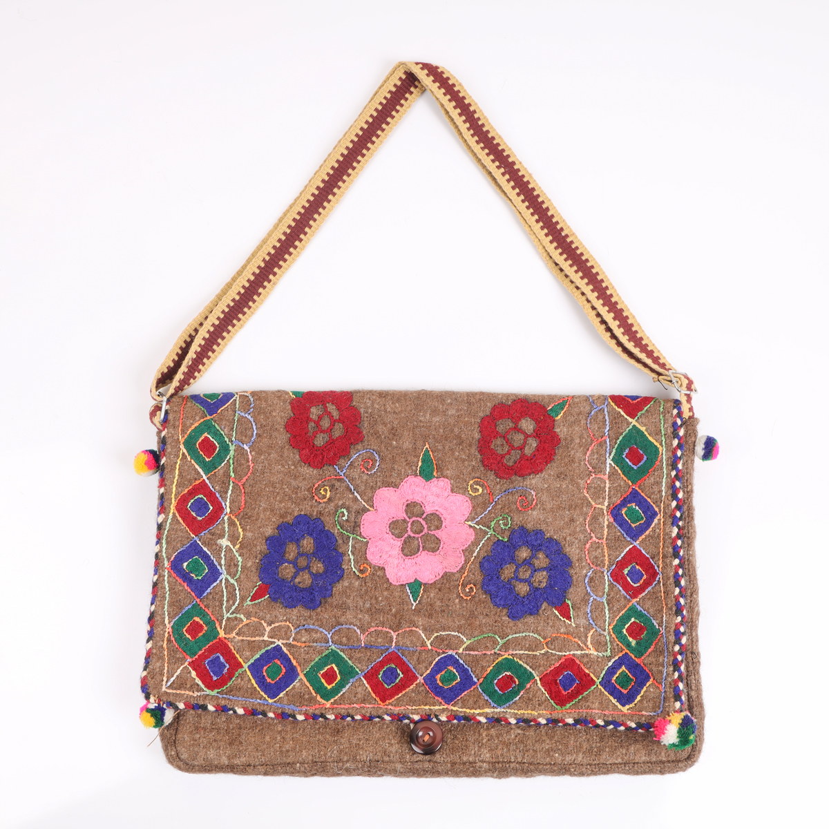 Brown Floral Embroidered Computer Bag | Cross-Body Woolen Bag