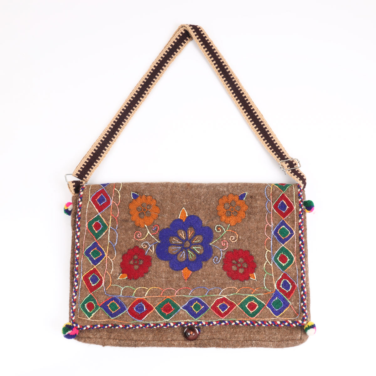 Brown Woolen Embroidered Computer Bag | Cross-body Handmade Bag