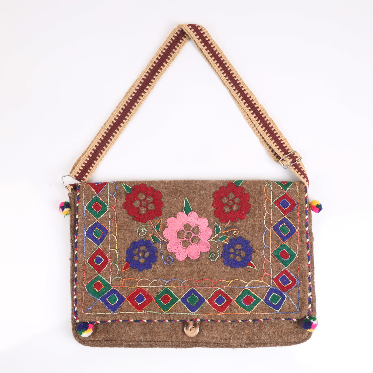 Brown Woolen Handmade Computer Bag | Cross-body Floral Embroidered Bag