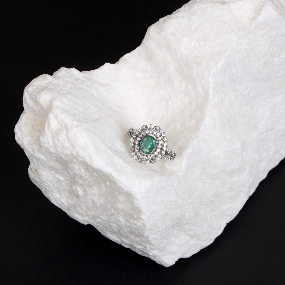 Green Emerald Pave Band Ring | Silver Channel Round Ring