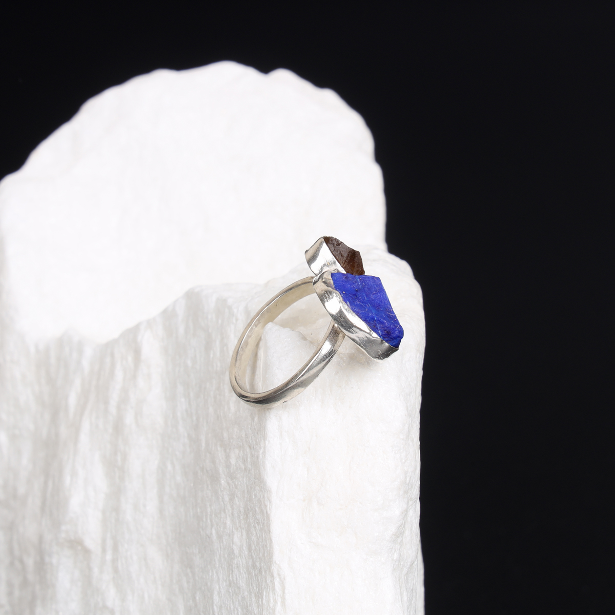 Lapis Lazuli & Scapular Stones Rough Cut Ring | 925 Silver Two-Stone Ring