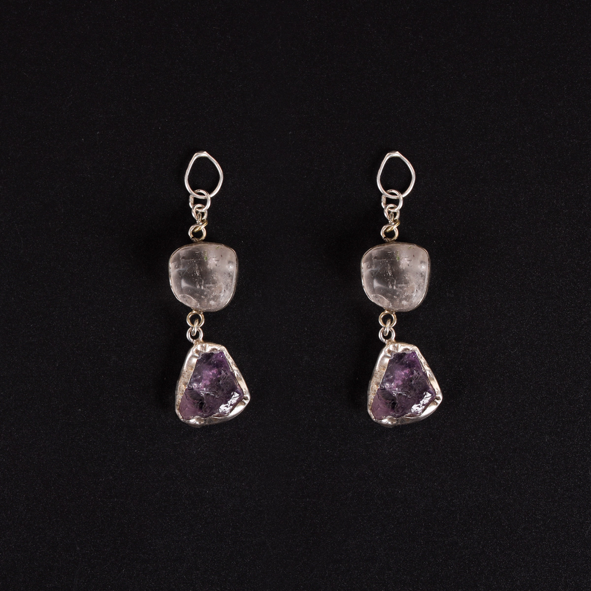Amethyst & kunzite Stone Dangle Earrings | 925 Silver Two-Stone Hook Earrings
