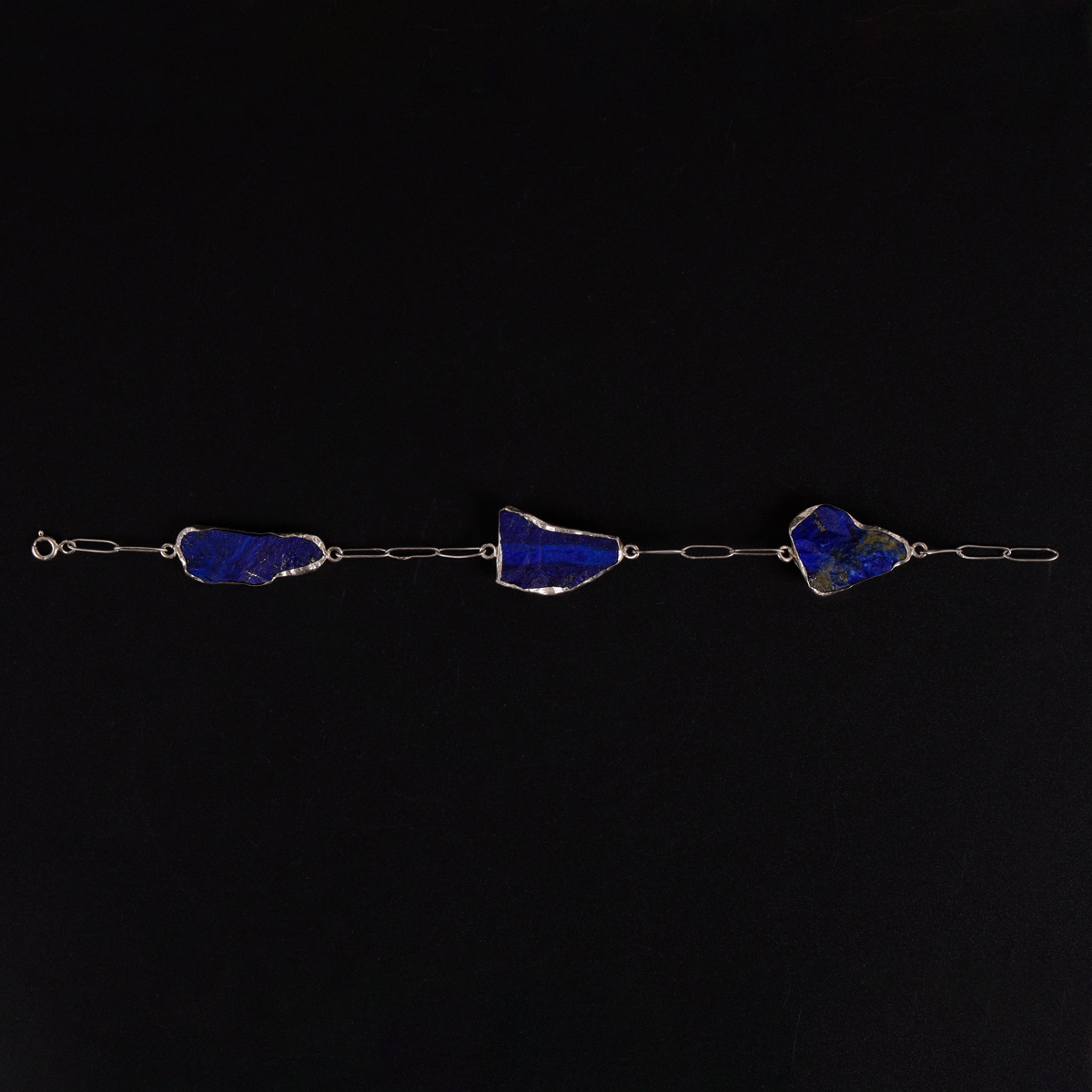 Lapis Lazuli Rough Cut Chain Bracelet | 925 Silver Three-Stone Bracelet 