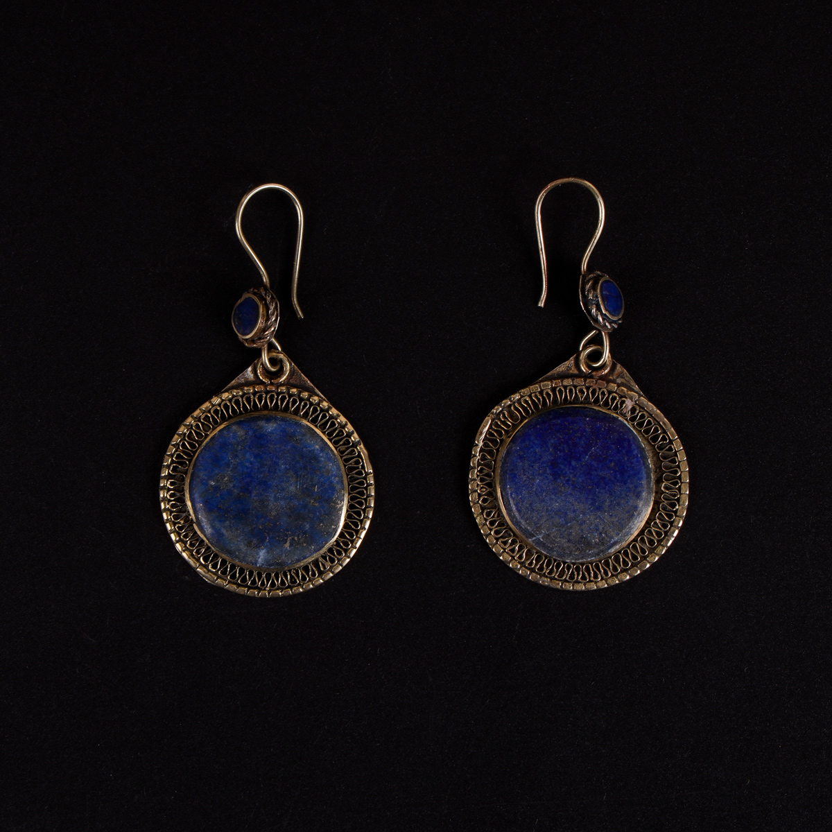 Lapis Lazuli Round Dangle Earrings | Bronze Wire-Hook Earrings