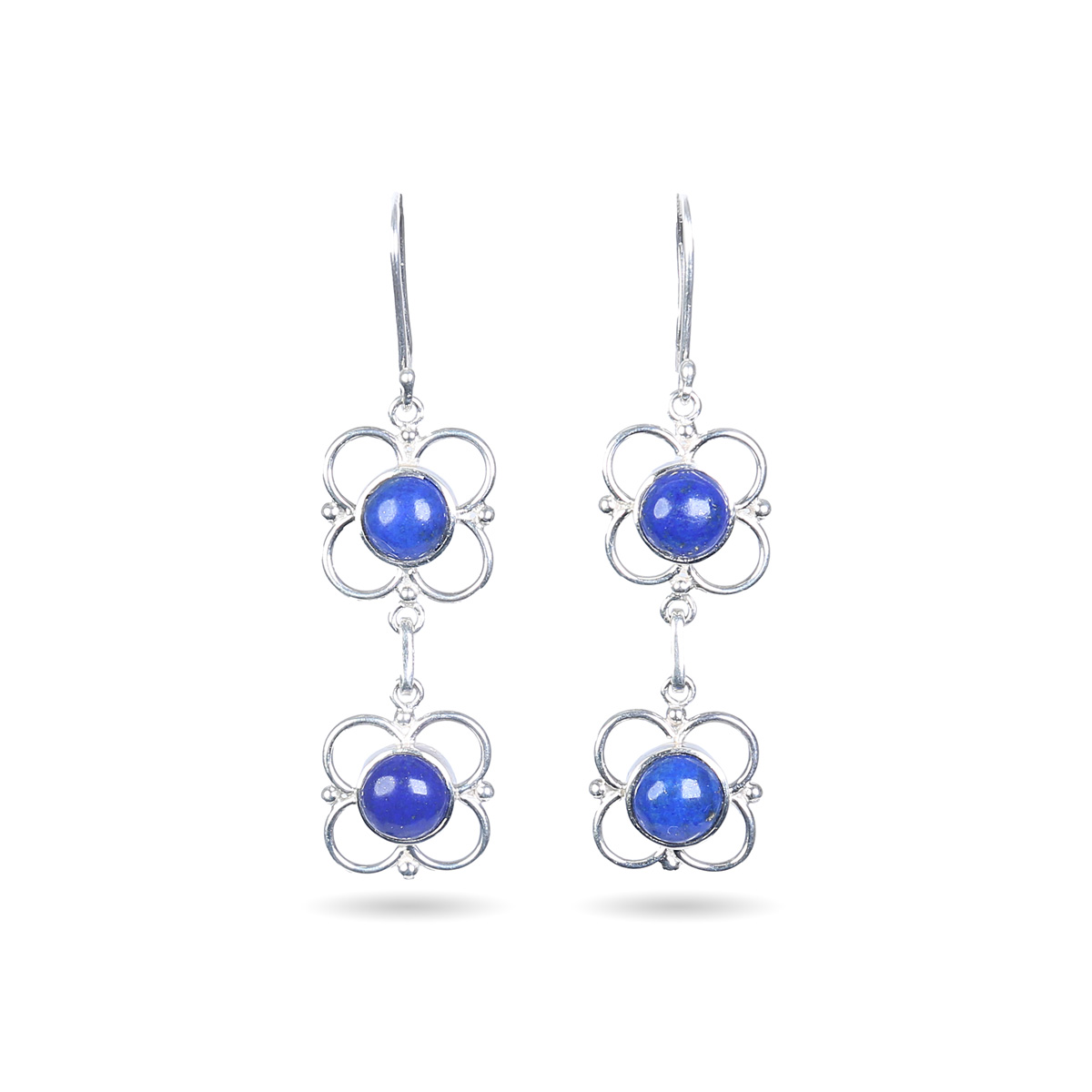 Dangle Lapis Earrings | Silver Floral Hook Earrings