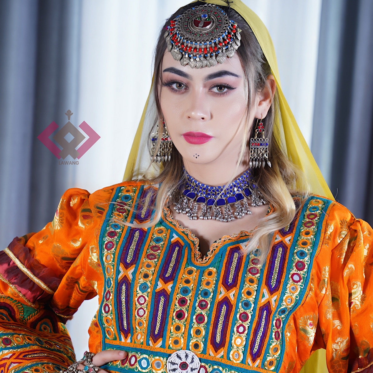 Yellowish Orange Full Embroidered Gande Afghani | Banarasi Belted Dress with Shawl & Trousers 