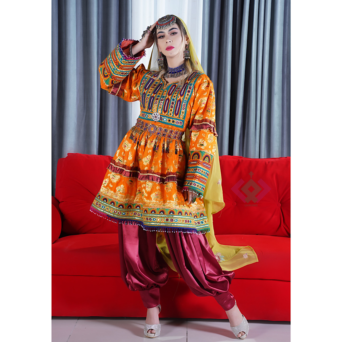 Yellowish Orange Full Embroidered Gande Afghani | Banarasi Belted Dress with Shawl & Trousers 