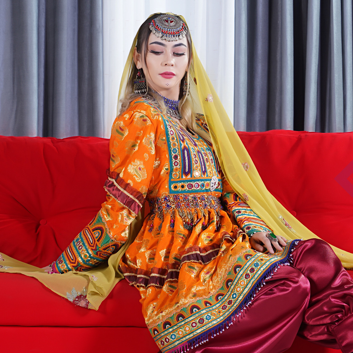 Yellowish Orange Full Embroidered Gande Afghani | Banarasi Belted Dress with Shawl & Trousers 