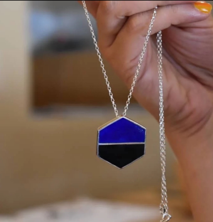 Agate & Lapis Lazuli Drop Pendant | Silver Hexagonal Chain Locket
