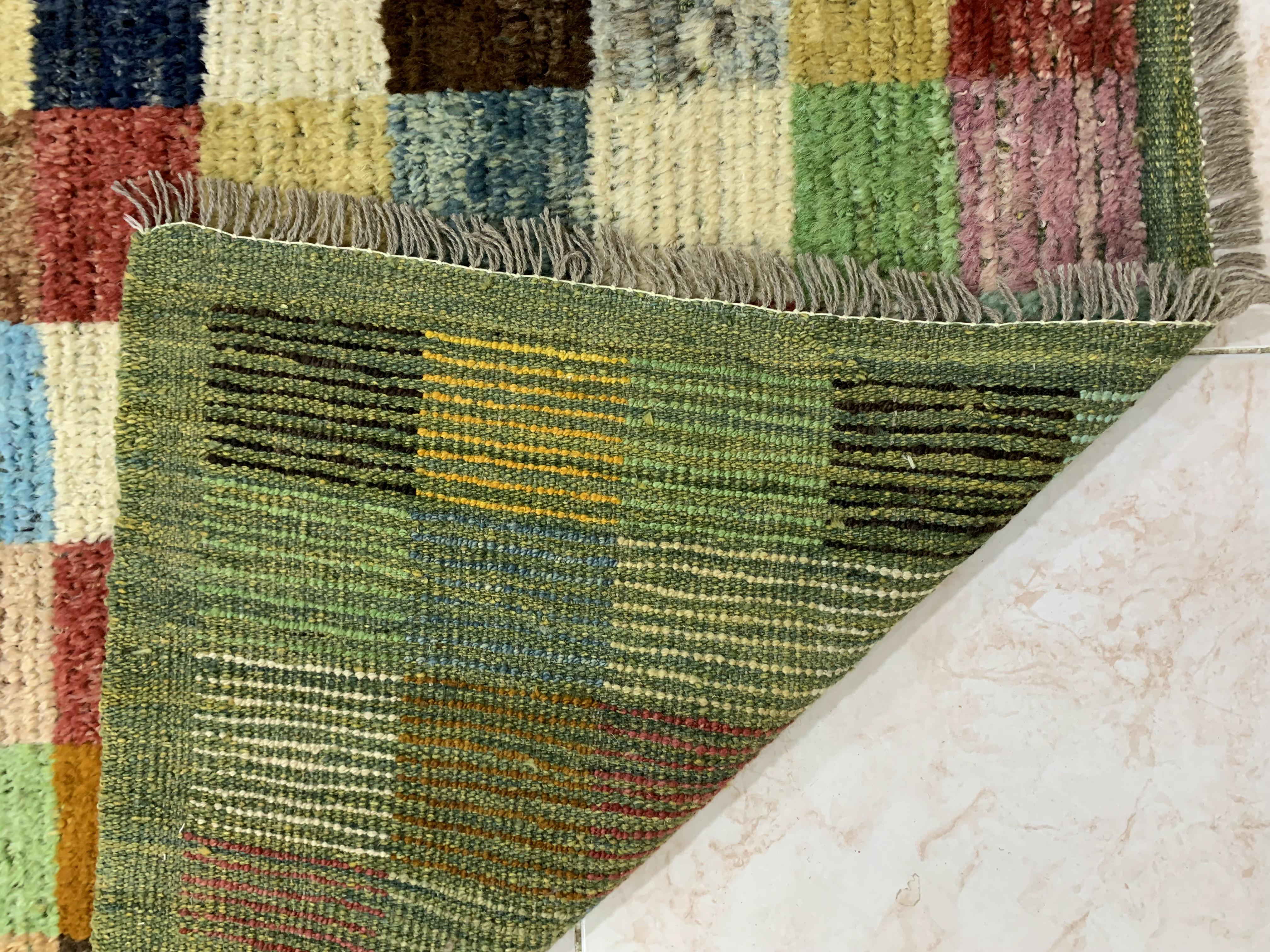 Green Gabba Square Pattern Afghan Handmade Carpet | Turkmen Weave Carpet 5.90 X 3.50 (ft)