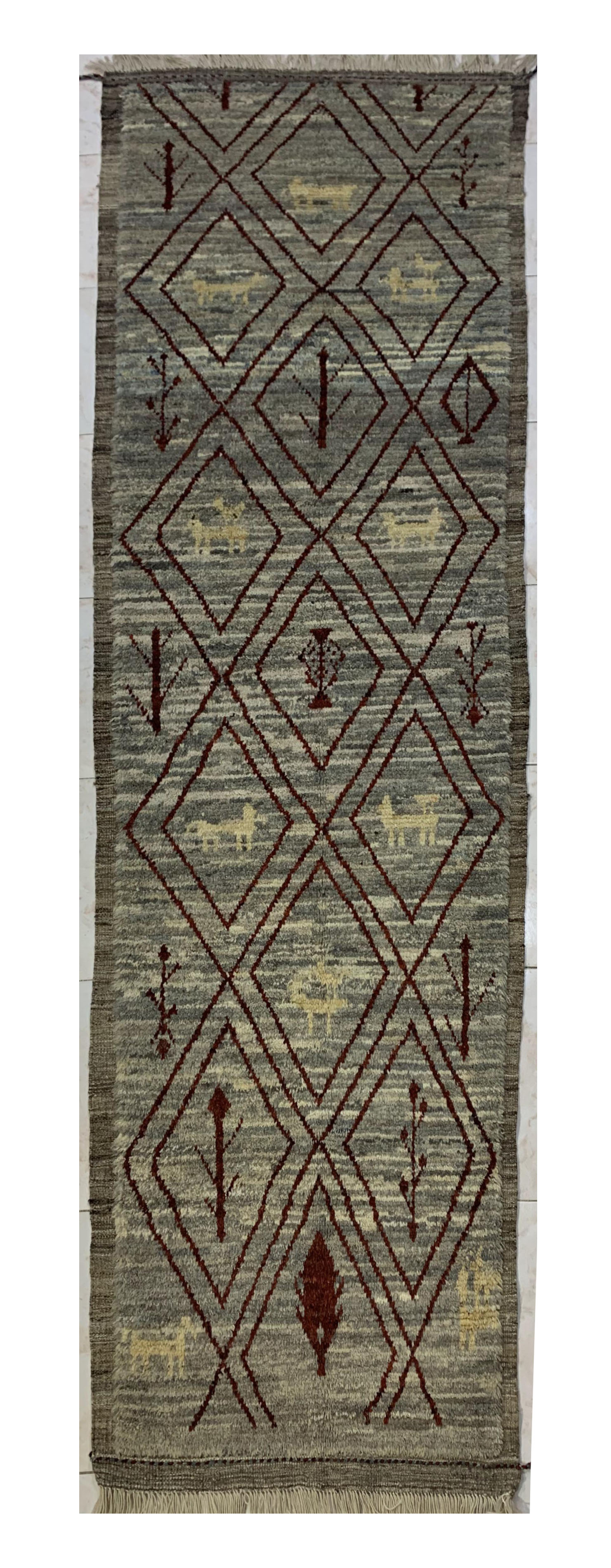 Moss Green Gabba Diamond Pattern Afghan Handmade Rug| Turkmen Weave Rug 10 X 2.90 (ft)