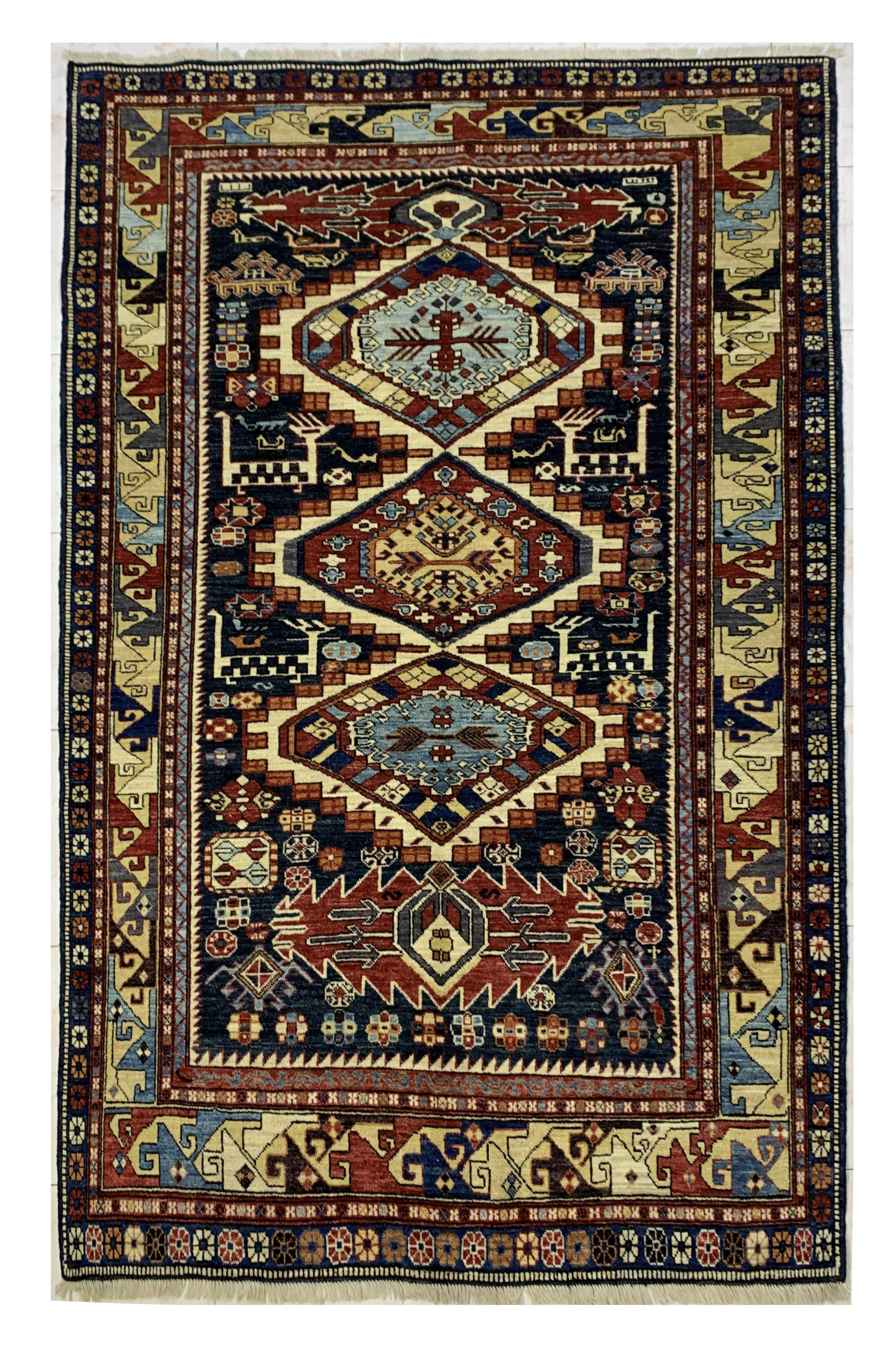 Black Kazak Triplet Design Afghan Handmade Carpet | Turkmen Weave Carpet 8 X 5.50 (ft)
