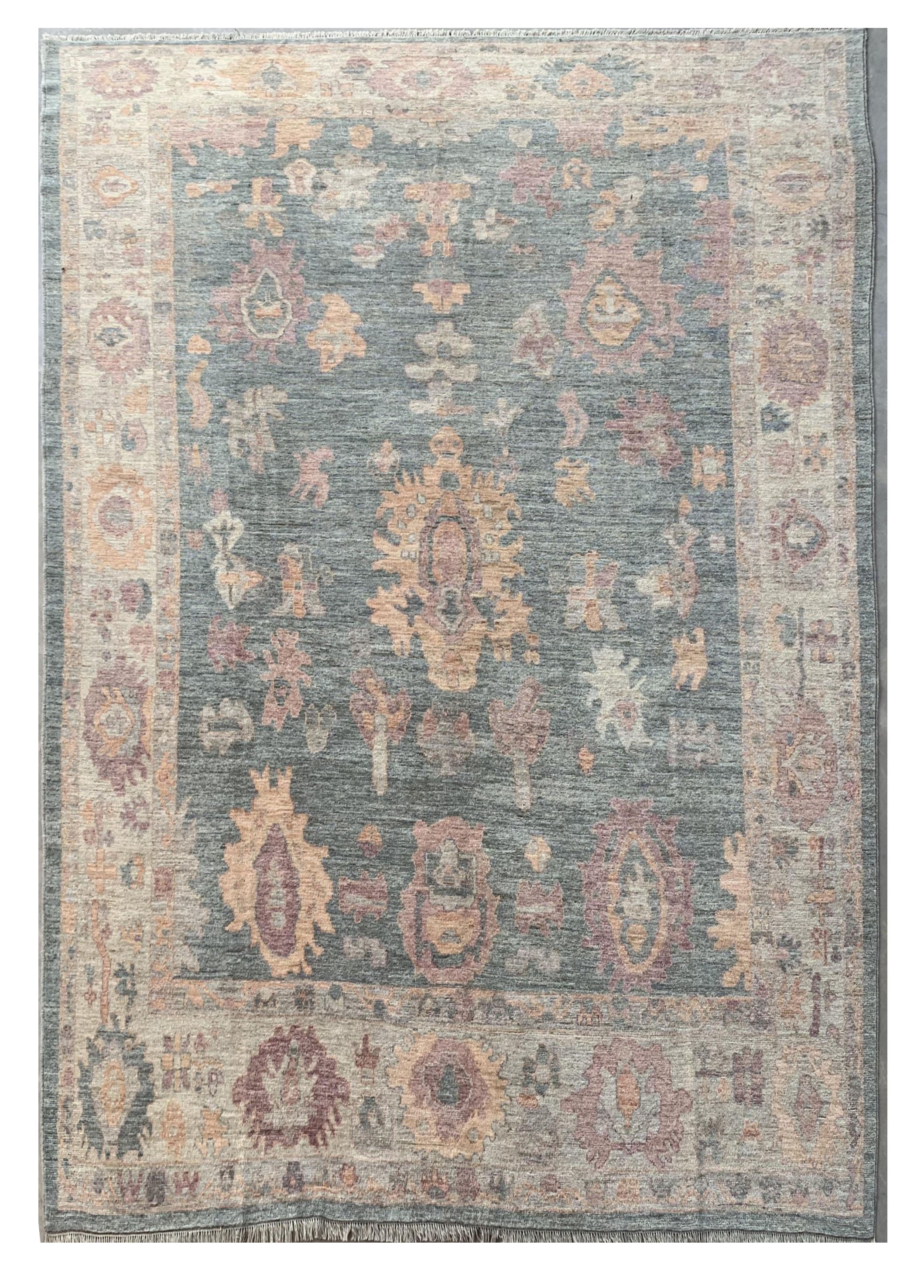 Bluish Gray Ushak Handmade Turkish Carpet | Turkmen Weave Carpet 13 X 9.50 (ft)
