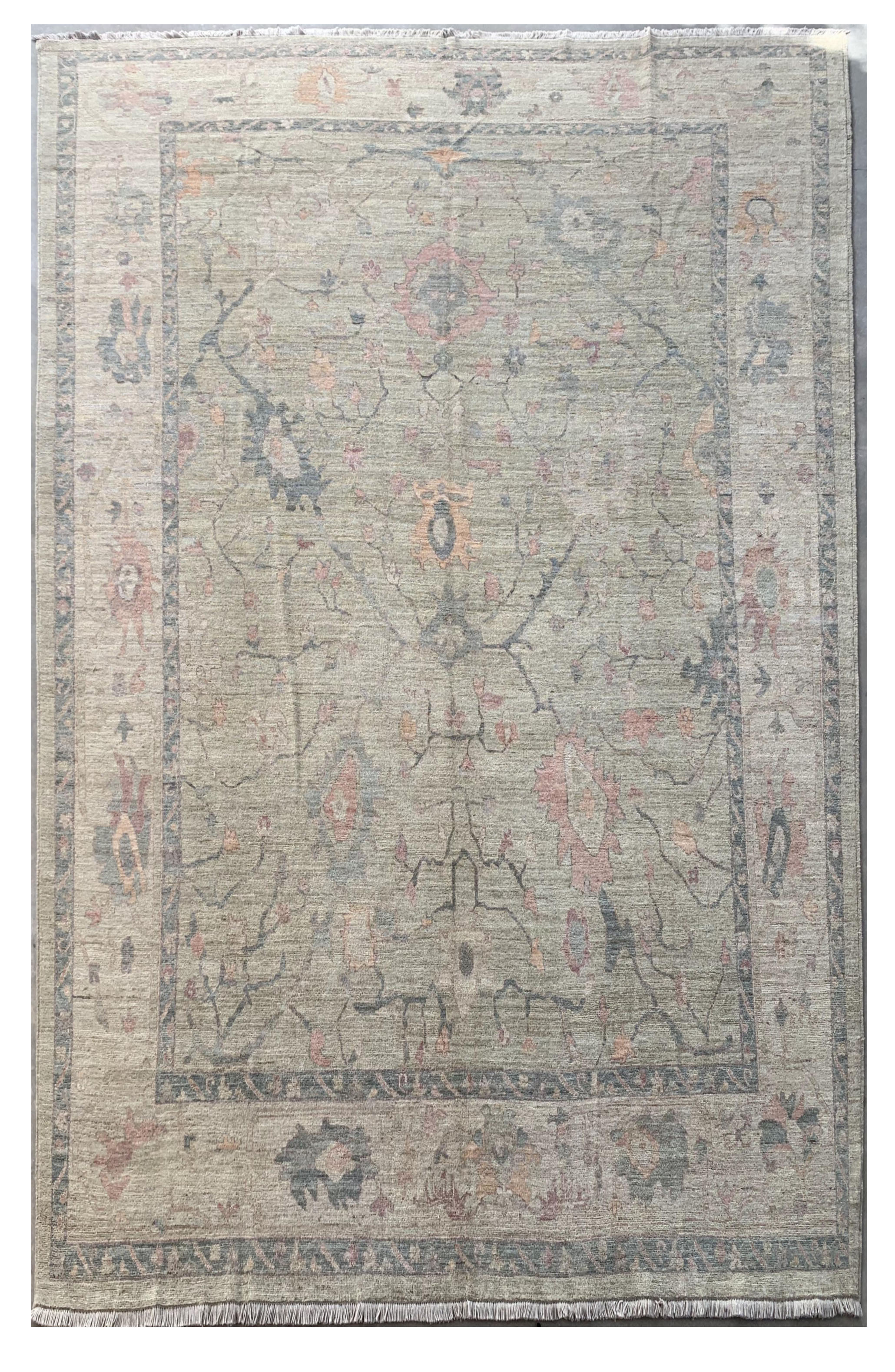 Grayish Cream Turkish Ushak Design Handmade Carpet | Turkmen Weave Carpet 9 X 6 (ft)