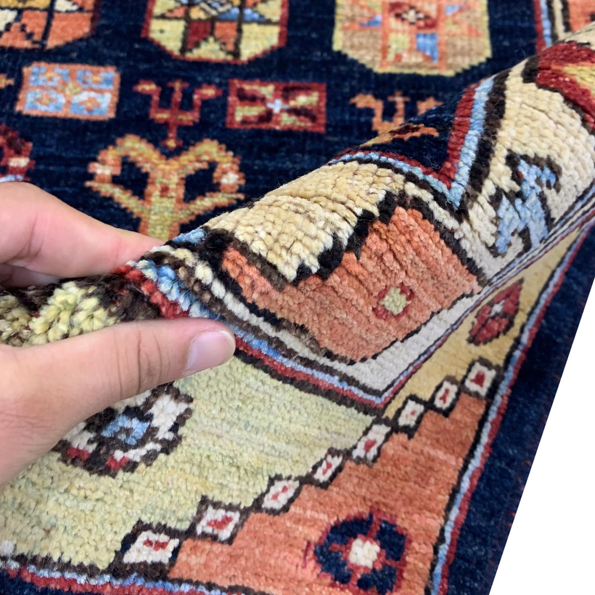 Dark Navy Blue Floral Design Hand-woven Afghan Carpet | Turkmen Weave Area Carpet 5.80 X 3.80 (ft)