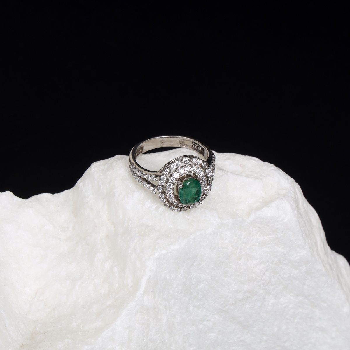 Green Emerald Pave Band Ring | Silver Channel Round Ring