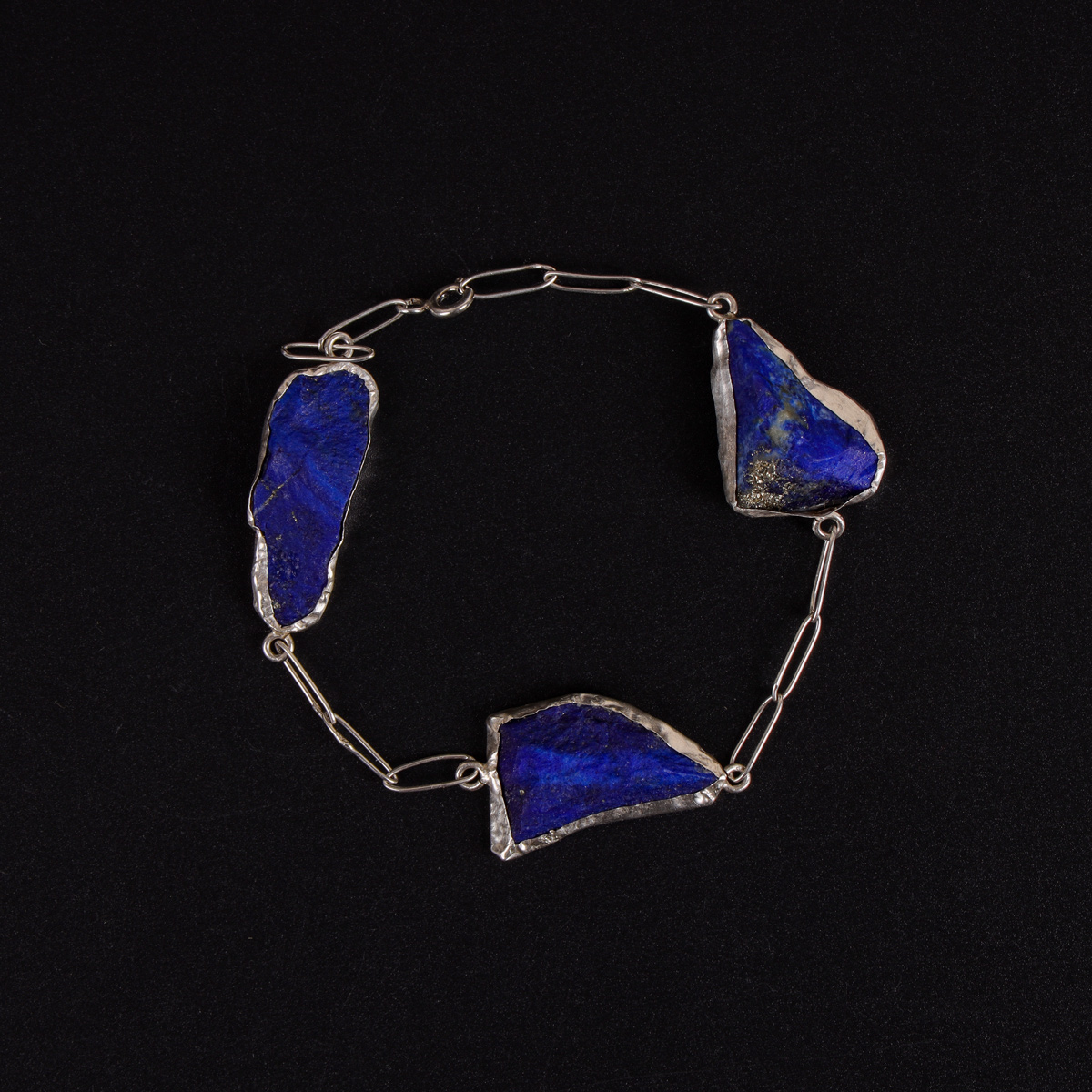 Lapis Lazuli Rough Cut Chain Bracelet | 925 Silver Three-Stone Bracelet 