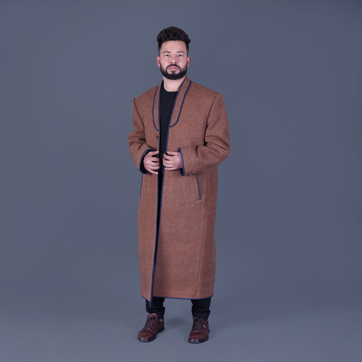 Brown Nuristani Long Coat | Woolen Casual Wear Winter Coat