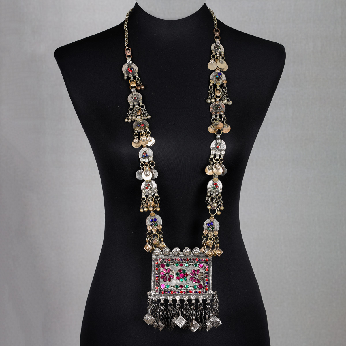 Kuchi Lariat Style Pendent | Gilt Metal Tribal Drop Necklace Vintage