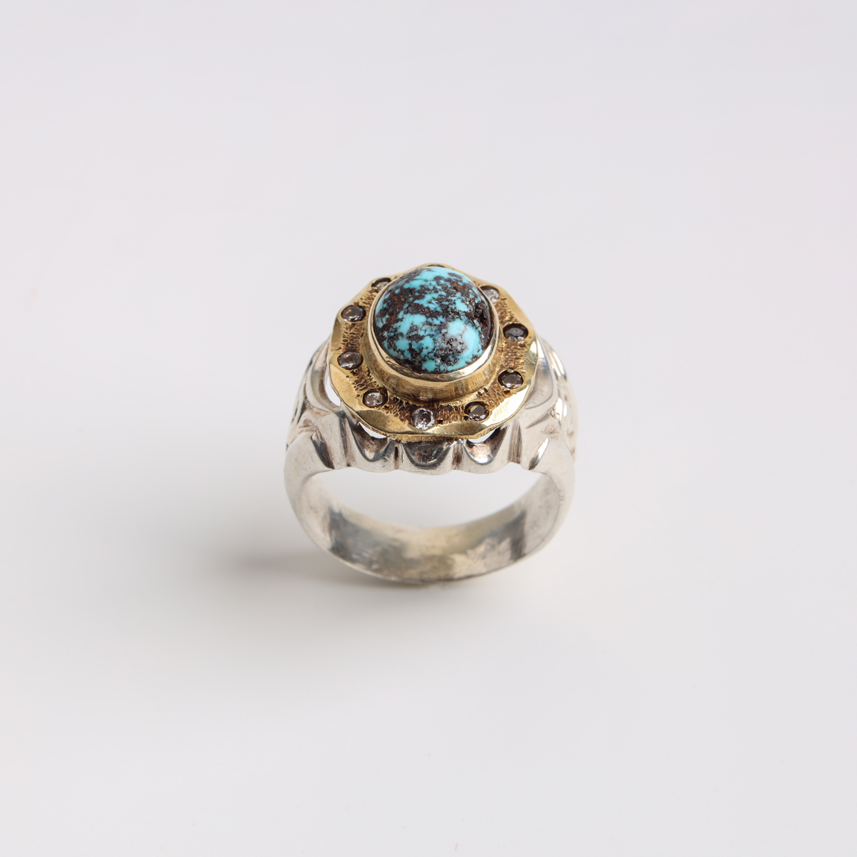 Men’s Turquoise Statement Ring in Sterling Silver & Brass