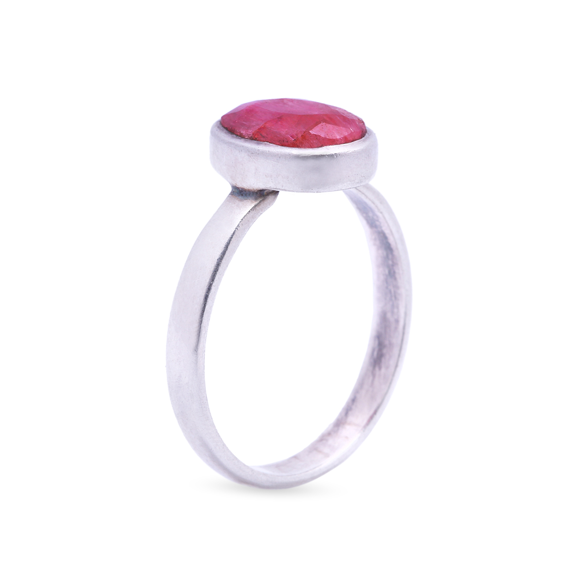 Pink Ruby Flat Ring | Silver Round Ring 