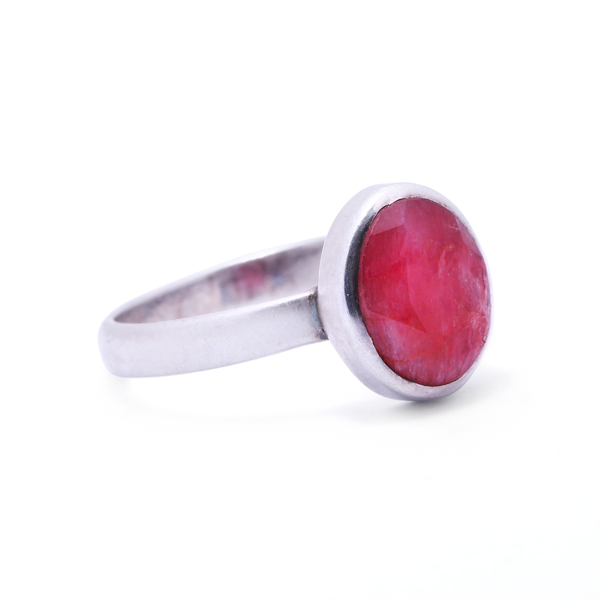 Pink Ruby Flat Ring | Silver Round Ring 