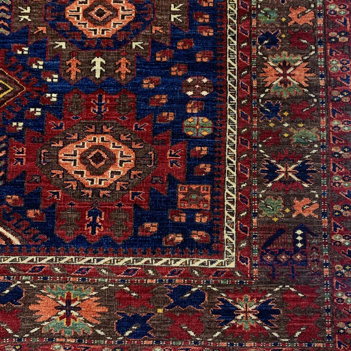 Reddish Navy Blue Hand-woven Afghan Carpet | Turkmen Weave Area Carpet 8.30 X 6.80 (ft)