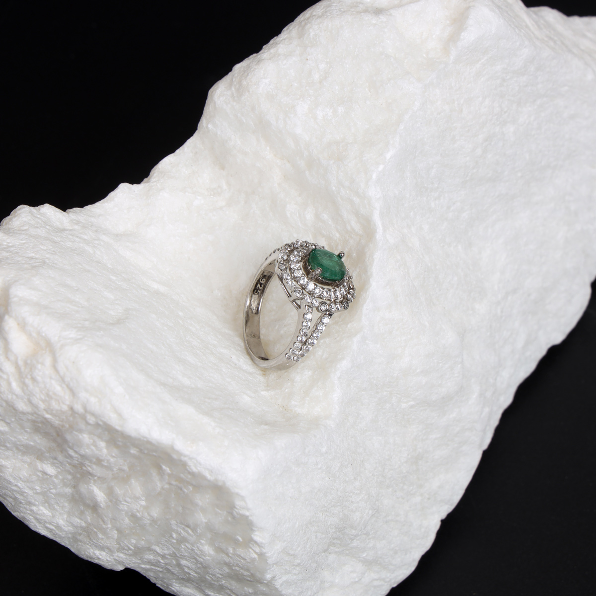 Green Emerald Pave Band Ring | Silver Channel Round Ring