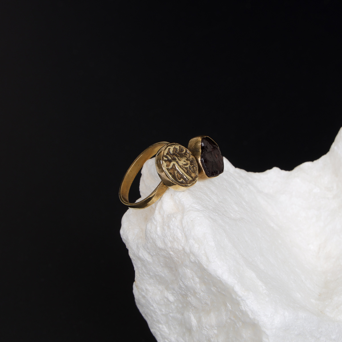 Garnet Stone Vintage Coin Ring | Bronze Two-Stone Ring