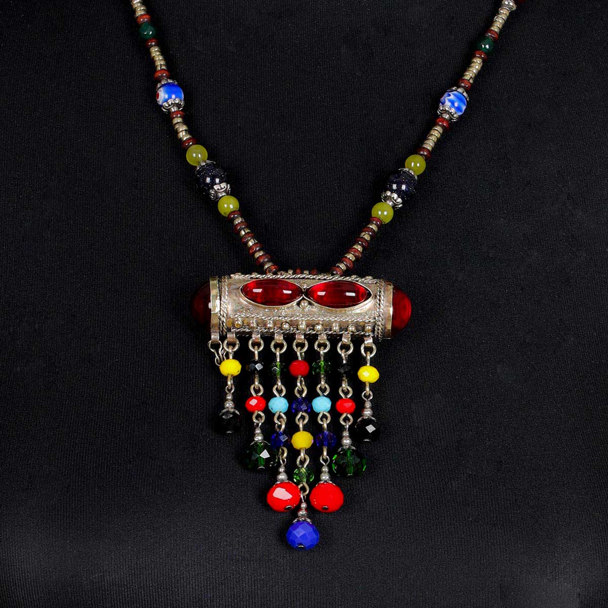 Tribal Afghan Beaded Drop Pendant | Gilt Metal Lariat Necklace