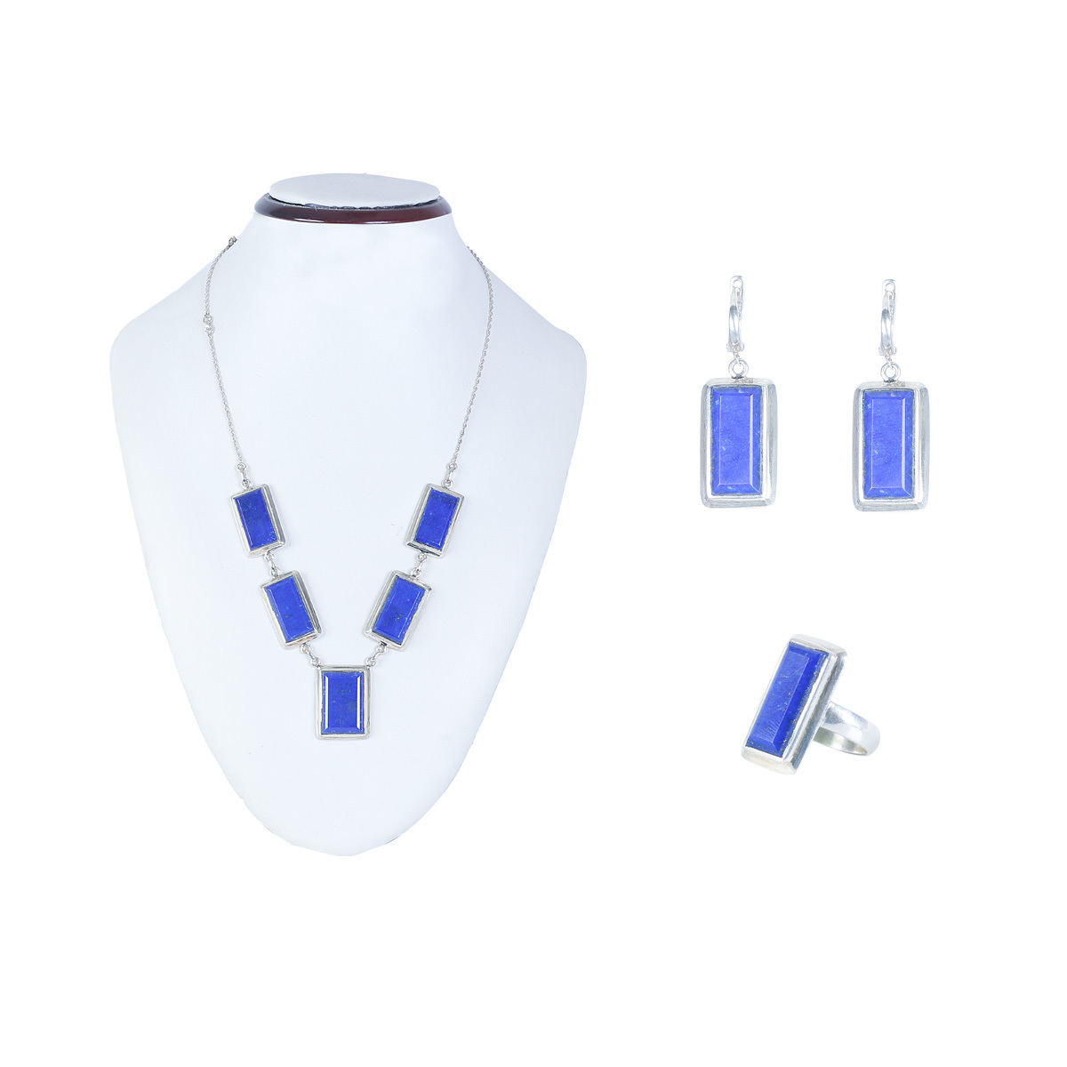 Lapis Rectangle Style Silver Jewelry Set | Lariat Necklace, Earrings, Ring