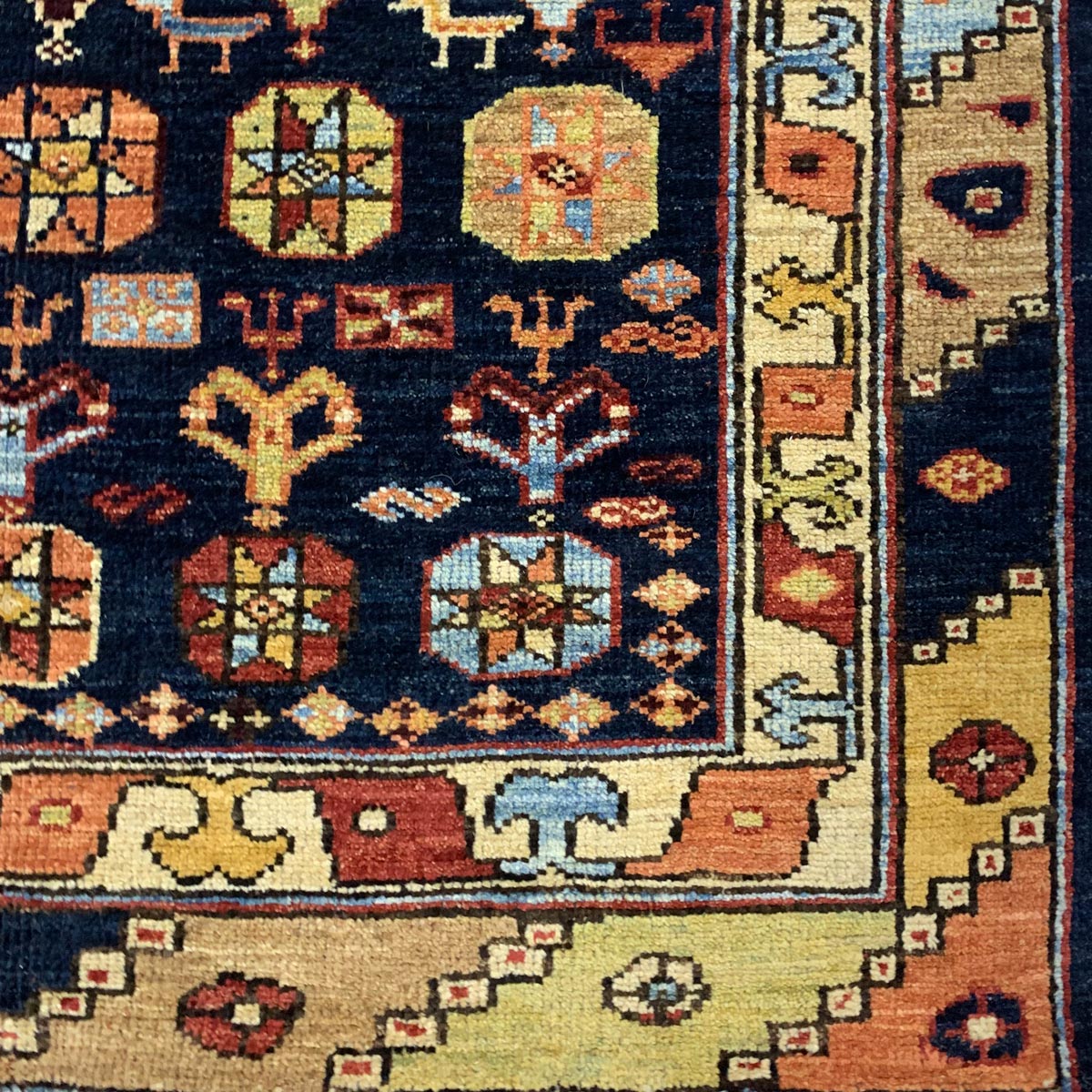 Dark Navy Blue Floral Design Hand-woven Afghan Carpet | Turkmen Weave Area Carpet 5.80 X 3.80 (ft)