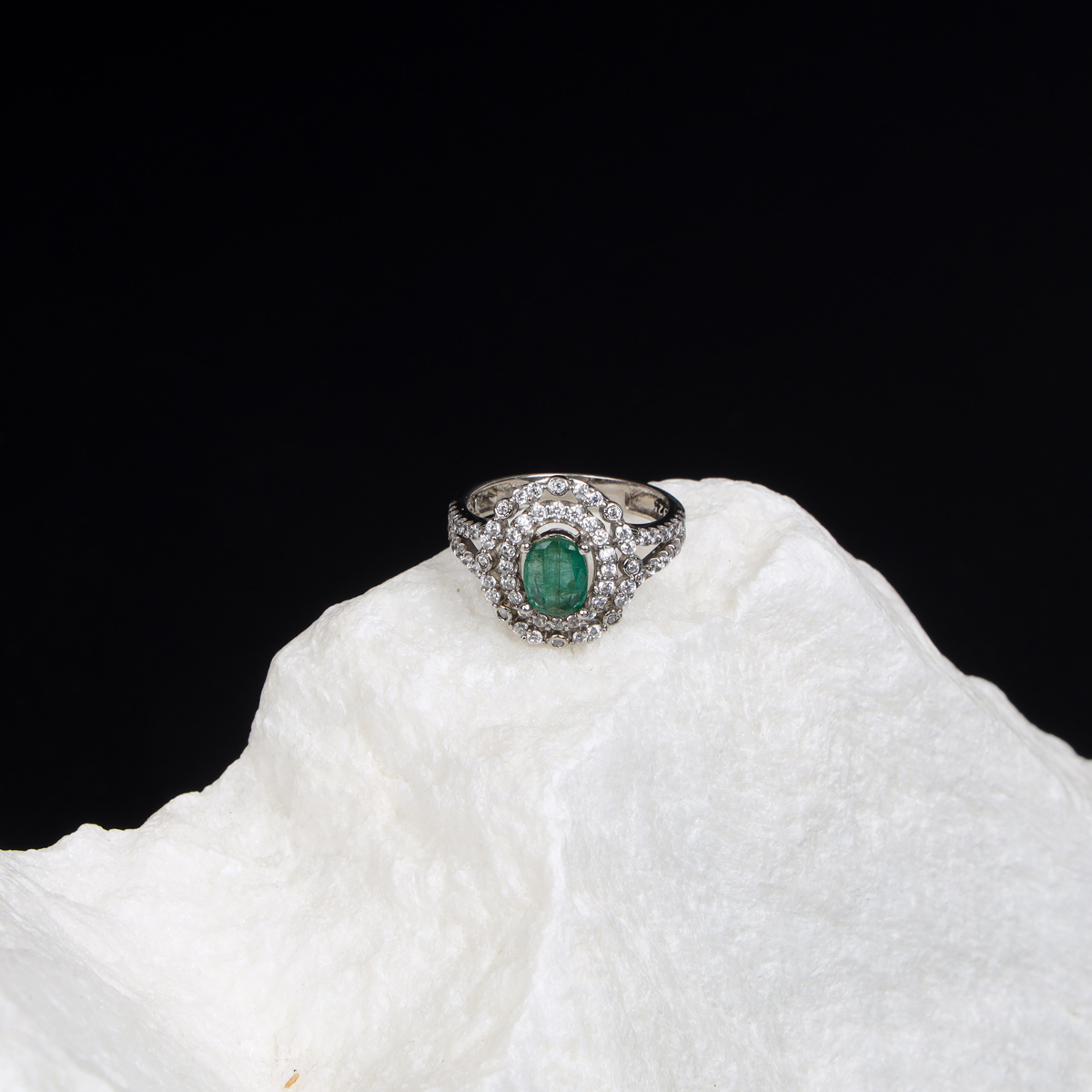 Green Emerald Pave Band Ring | Silver Channel Round Ring