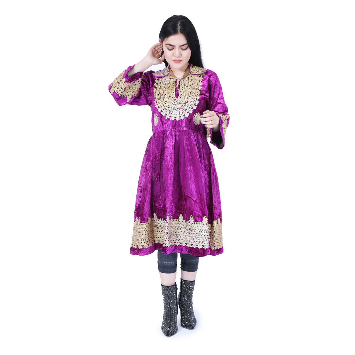 Collared Velvet Short Dress | Purple Frock With Golden Embroidery