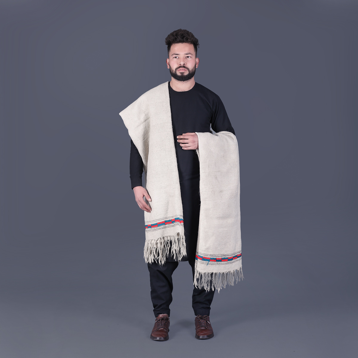 White Nuristani Wool Patu | Casual Wear Shawl with Striped Borders