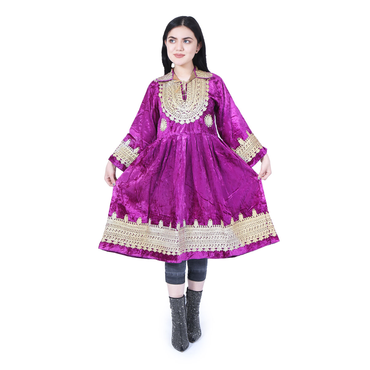 Collared Velvet Short Dress | Purple Frock With Golden Embroidery