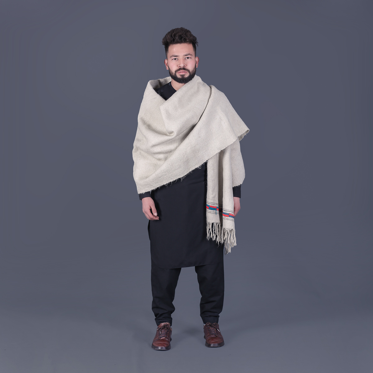 White Nuristani Wool Patu | Casual Wear Shawl with Striped Borders