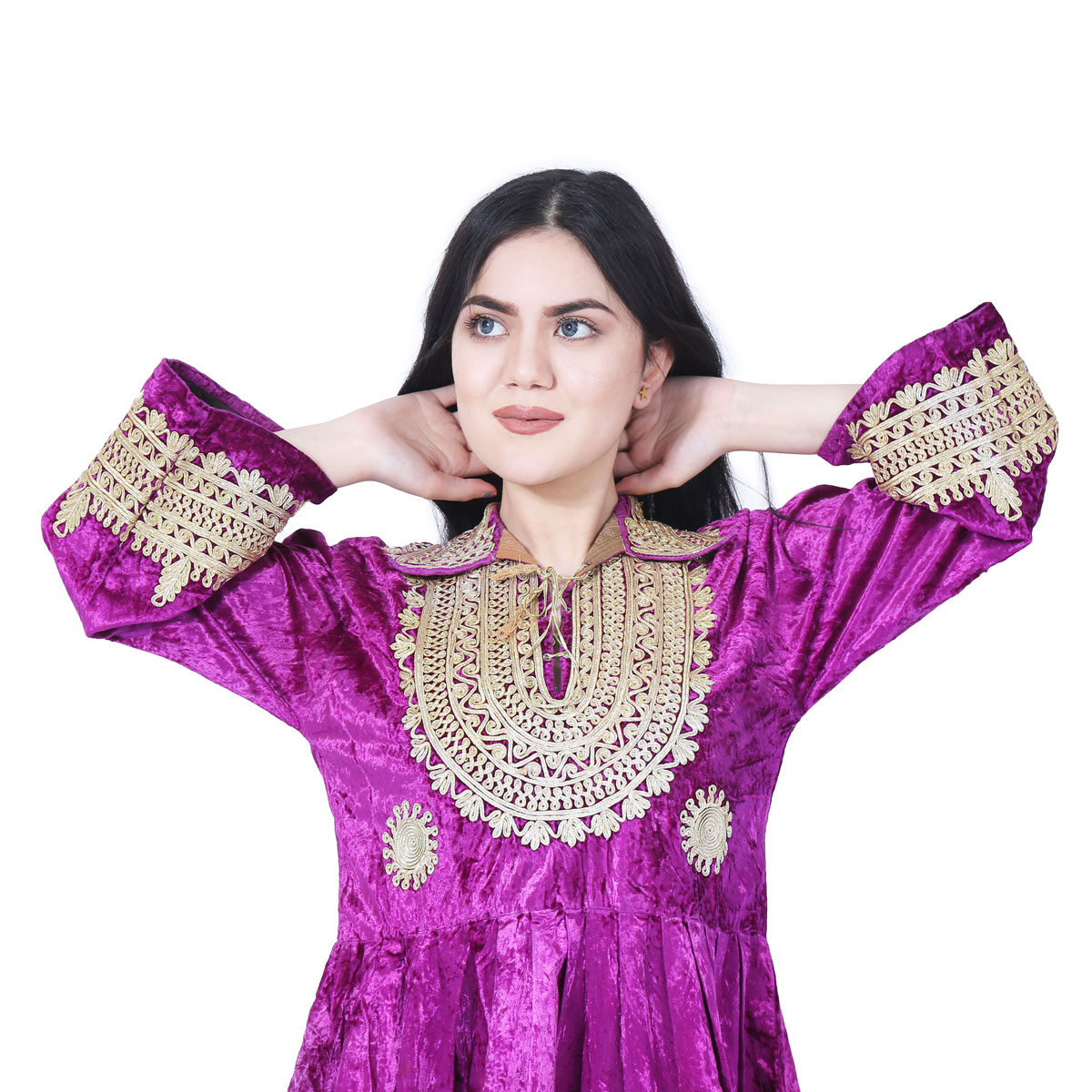 Collared Velvet Short Dress | Purple Frock With Golden Embroidery