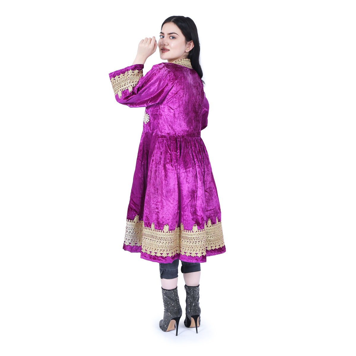 Collared Velvet Short Dress | Purple Frock With Golden Embroidery