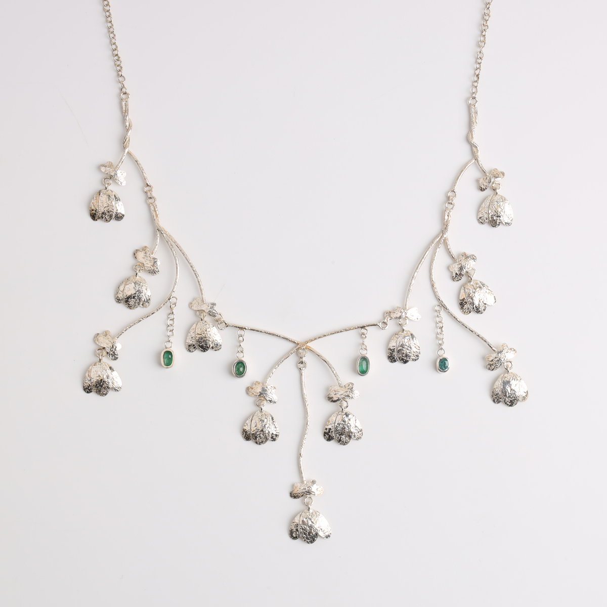 Handmade Silver Floral Jewelry Set with Green Gemstones