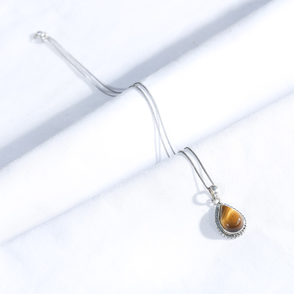 Tiger-eye Stone Necklace | Silver Pear Pendant 