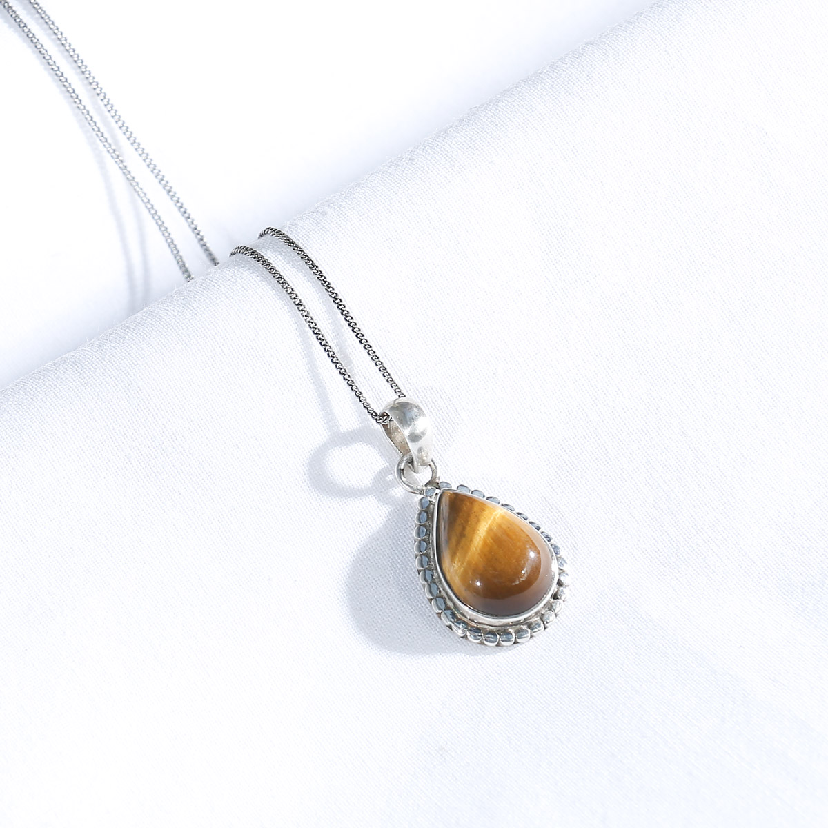 Tiger-eye Stone Necklace | Silver Pear Pendant 