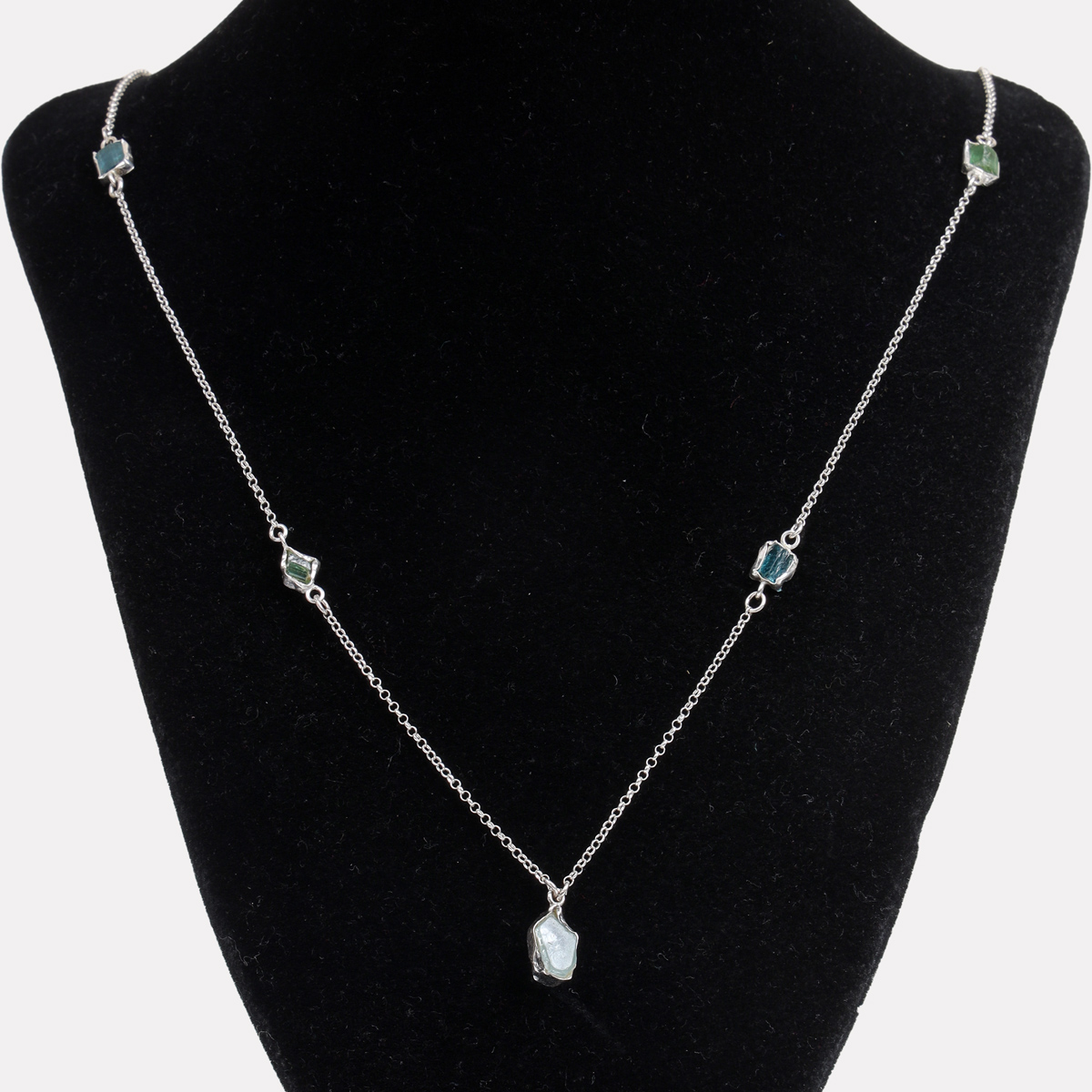 Kunzite & Tourmaline Stones Necklace | Silver Station Chain Necklace