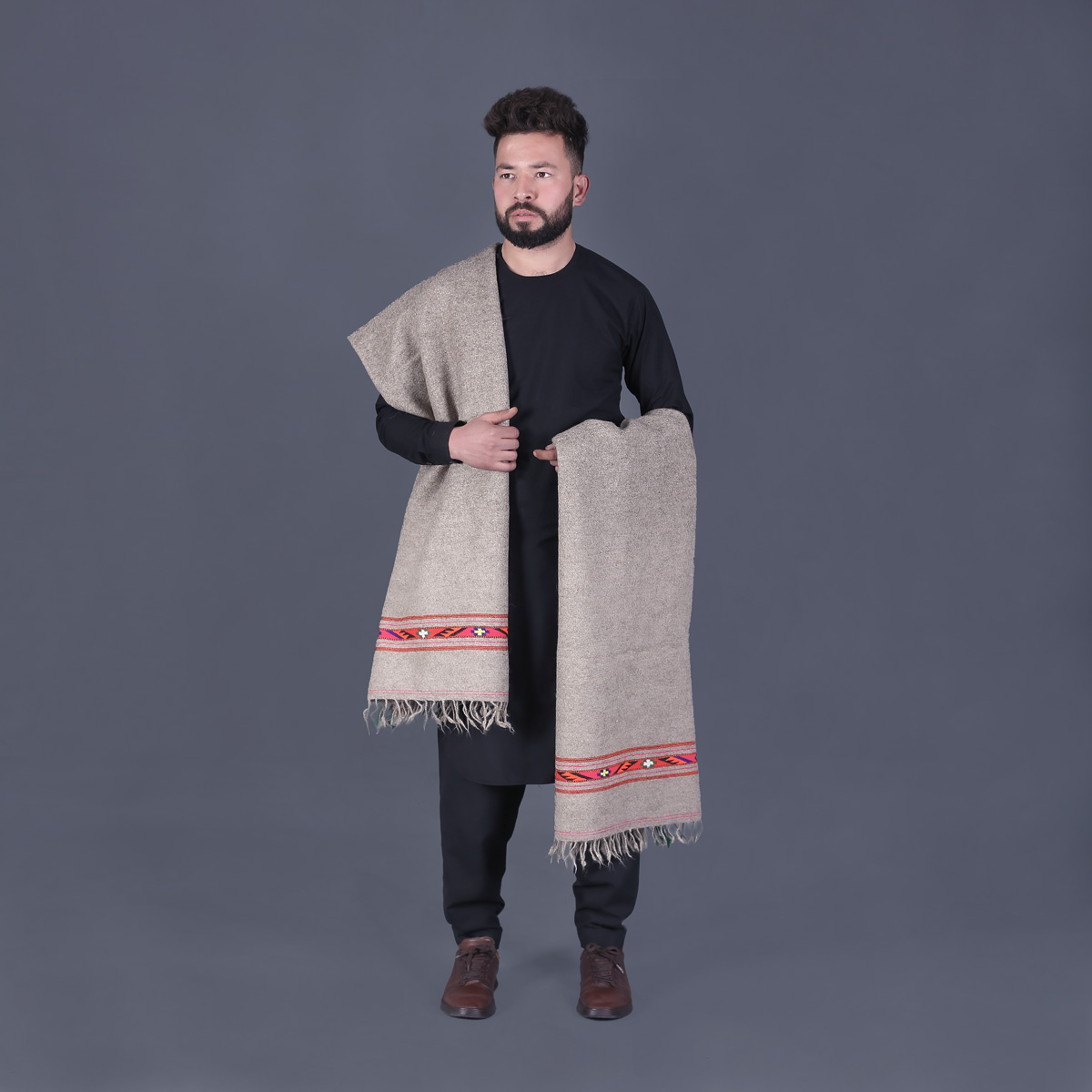 Brownish Cream Nuristani Wool Patu | Casual Wear Shawl with Striped Borders